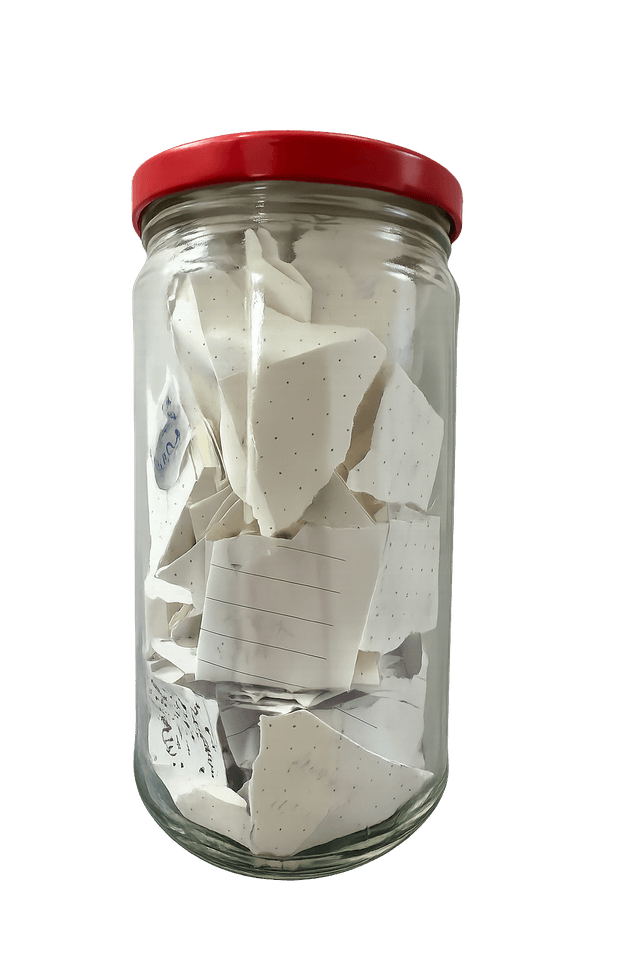 A glass memory jar filled with folded paper notes containing handwritten memories - the original inspiration for Glasshouse Memories digital memory jar app